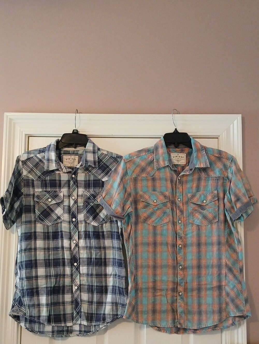 Buckle Men's Plaid Short-Sleeve Button-Down Shirts - Navy & Teal/Orange